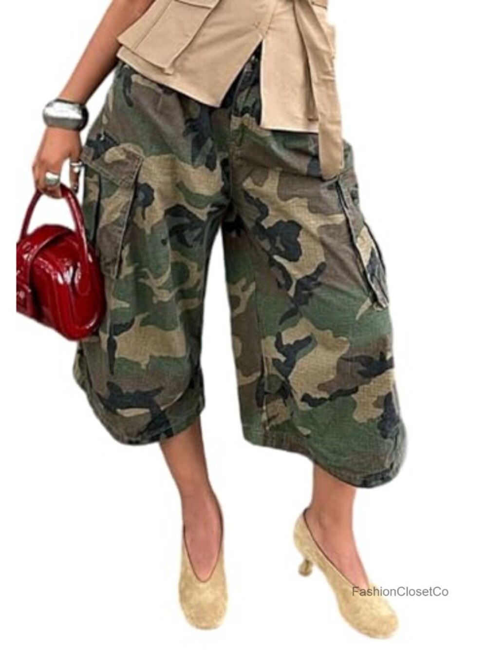 Women's Baggy Cargo Capri Jeans Camo Wide Leg Y2K Harem Denim Pants